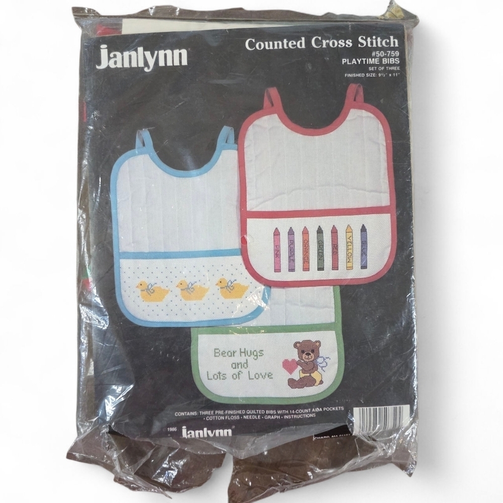 🧵 Vintage Janlynn Counted Cross Stitch Kit - Playtime Bibs (#50-759) | 1986
